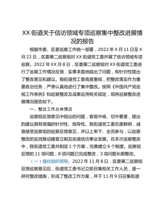 XX街道关于信访领域专项巡察集中整改进展情况的报告
