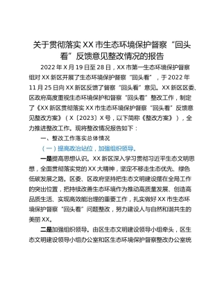 关于贯彻落实XX市生态环境保护督察“回头看”反馈意见整改情况的报告