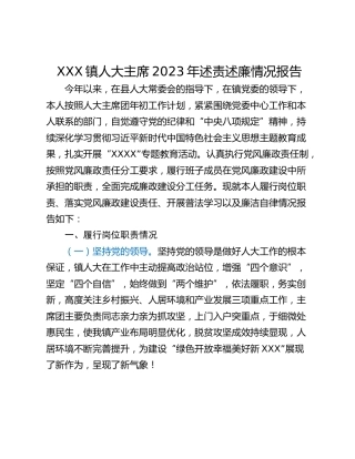 XXX镇人大主席2023年述责述廉情况报告