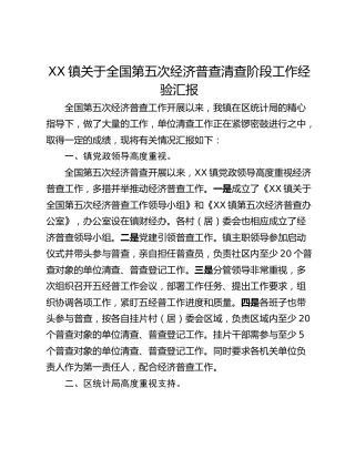 XX镇关于全国第五次经济普查清查阶段工作经验汇报