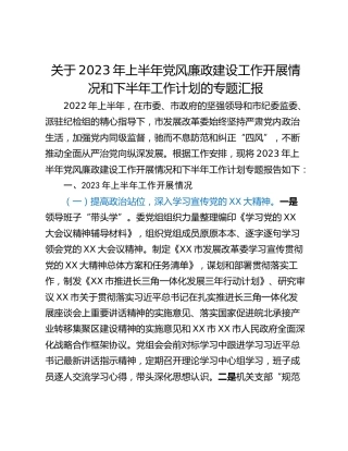 关于2023年上半年党风廉政建设工作开展情况和下半年工作计划的专题汇报