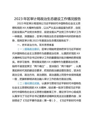 2023年区审计局政治生态建设工作情况报告