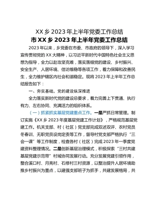 XX乡2023年上半年党委工作总结