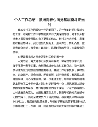 个人工作总结：激扬青春心向党基层奋斗正当时