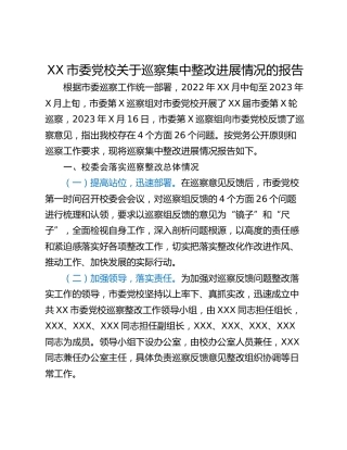 XX市委党校关于巡察集中整改进展情况的报告