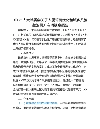 XX市人大常委会关于人居环境优化和城乡风貌整治提升专项视察报告
