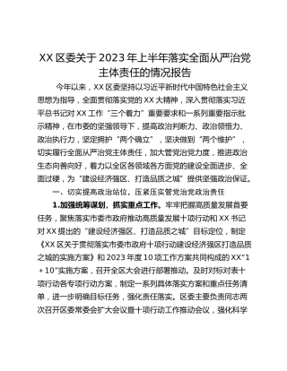 XX区委关于2023年上半年落实全面从严治党主体责任的情况报告