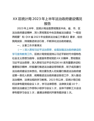 XX区统计局2023年上半年法治政府建设情况报告