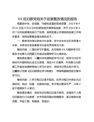 XX区妇联党组关于巡察整改情况的报告
