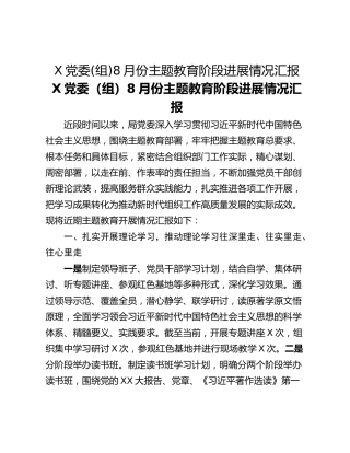 X党委(组)8月份主题教育阶段进展情况汇报