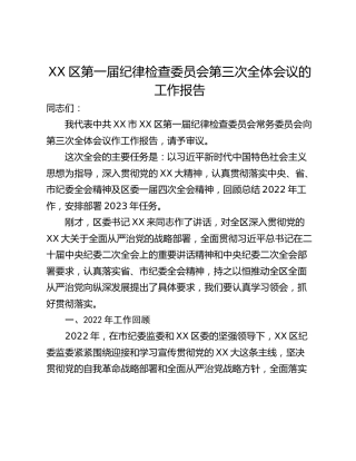 XX区第一届纪律检查委员会第三次全体会议的工作报告