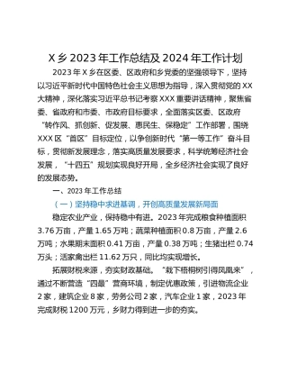 X乡2023年工作总结及2024年工作计划