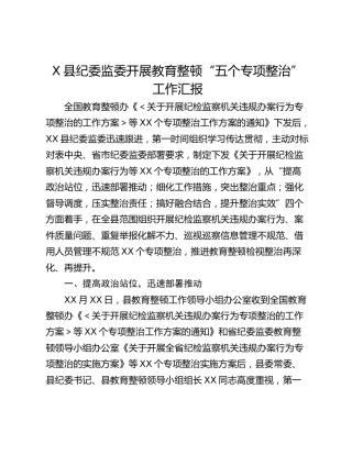 X县纪委监委开展教育整顿“五个专项整治”工作汇报