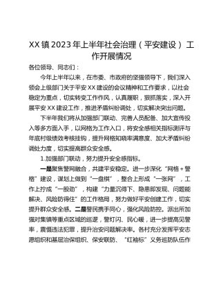 XX镇2023年上半年社会治理（平安建设） 工作开展情况