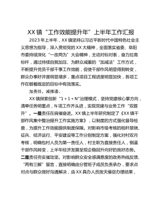 XX镇“工作效能提升年”上半年工作汇报