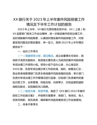 XX银行关于2023年上半年案件风险排查工作情况及下半年工作计划的报告