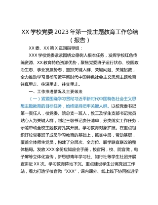 XX学校党委2023年第一批主题教育工作总结（报告）