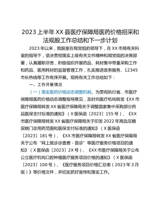 2023上半年XX县医疗保障局医药价格招采和法规股工作总结和下一步计划