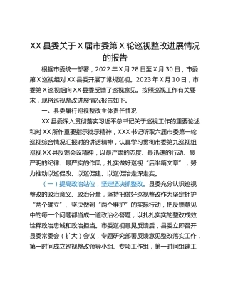 XX县委关于X届市委第X轮巡视整改进展情况的报告