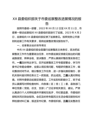 XX县委组织部关于市委巡察整改进展情况的报告