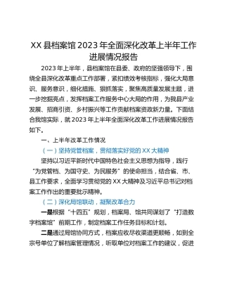 XX县档案馆2023年全面深化改革上半年工作进展情况报告