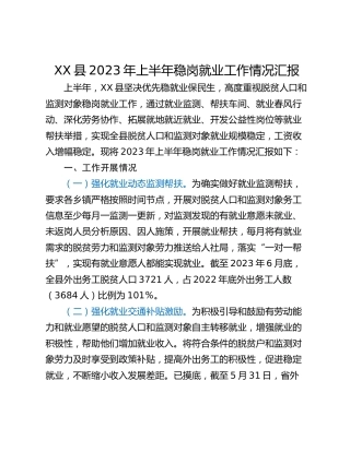 XX县2023年上半年稳岗就业工作情况汇报