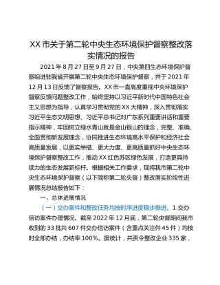 XX市关于第二轮中央生态环境保护督察整改落实情况的报告