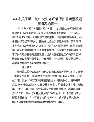 XX市关于第二轮中央生态环境保护督察整改进展情况的报告