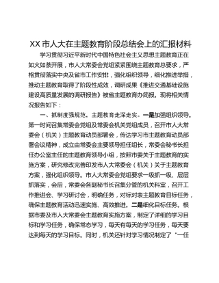 XX市人大在主题教育阶段总结会上的汇报材料