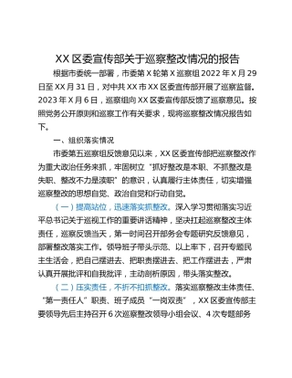 XX区委宣传部关于巡察整改情况的报告