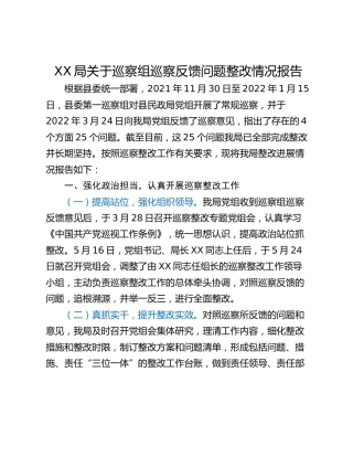 XX局关于巡察组巡察反馈问题整改情况报告