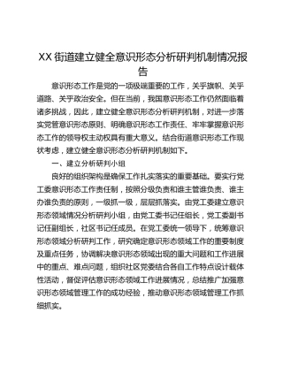 XX街道建立健全意识形态分析研判机制情况报告