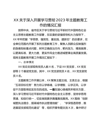 XX关于深入开展学习贯彻2023年主题教育工作的情况汇报