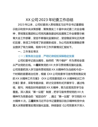 XX公司2023年纪委工作总结