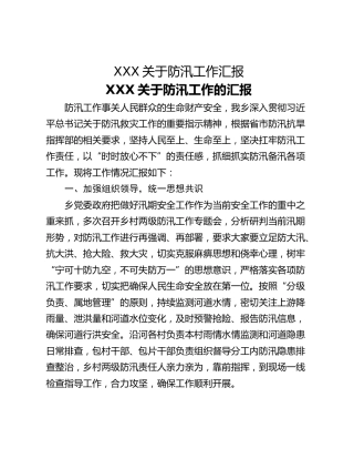 XXX关于防汛工作汇报