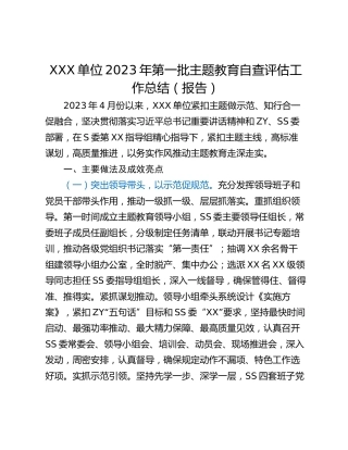 XXX单位2023年第一批主题教育自查评估工作总结（报告）