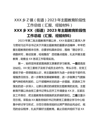 XXX乡Z镇（街道）2023年主题教育阶段性工作总结（汇报、经验材料）