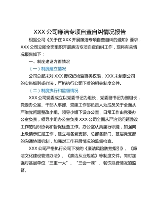 XXX公司廉洁专项自查自纠情况报告