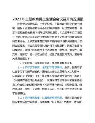 2023年主题教育民主生活会会议召开情况通报