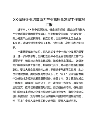 XX做好企业培育助力产业高质量发展工作情况汇报