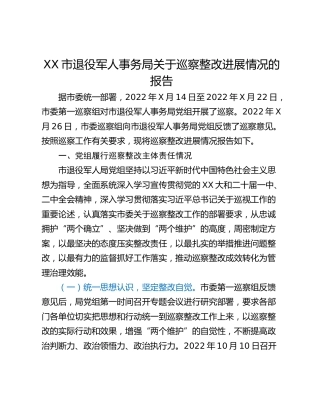 XX市退役军人事务局关于巡察整改进展情况的报告