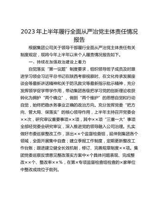 2023年上半年履行全面从严治党主体责任情况报告