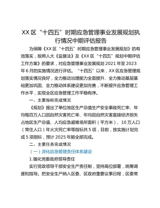 XX区“十四五”时期应急管理事业发展规划执行情况中期评估报告