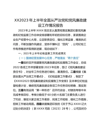 XX2023年上半年全面从严治党和党风廉政建设工作情况报告