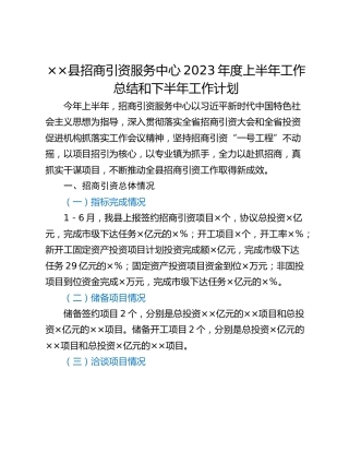 ××县招商引资服务中心2023年度上半年工作总结和下半年工作计划
