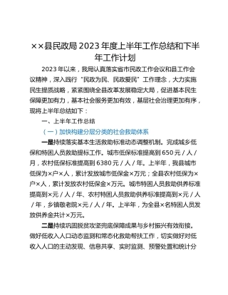 ××县民政局2023年度上半年工作总结和下半年工作计划