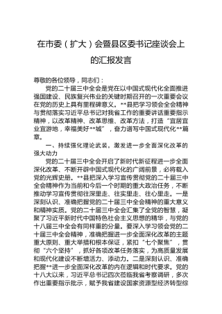 在市委（扩大）会暨县区委书记座谈会上的汇报发言
