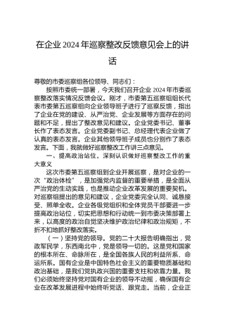 在企业2024年巡察整改反馈意见会上的讲话
