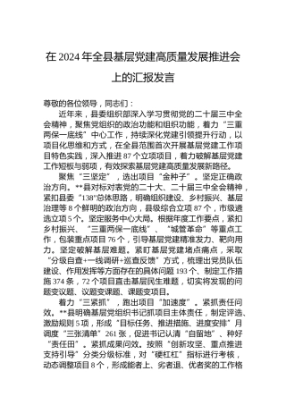 在2024年全县基层党建高质量发展推进会上的汇报发言