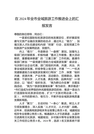 在2024年全市全域旅游工作推进会上的汇报发言